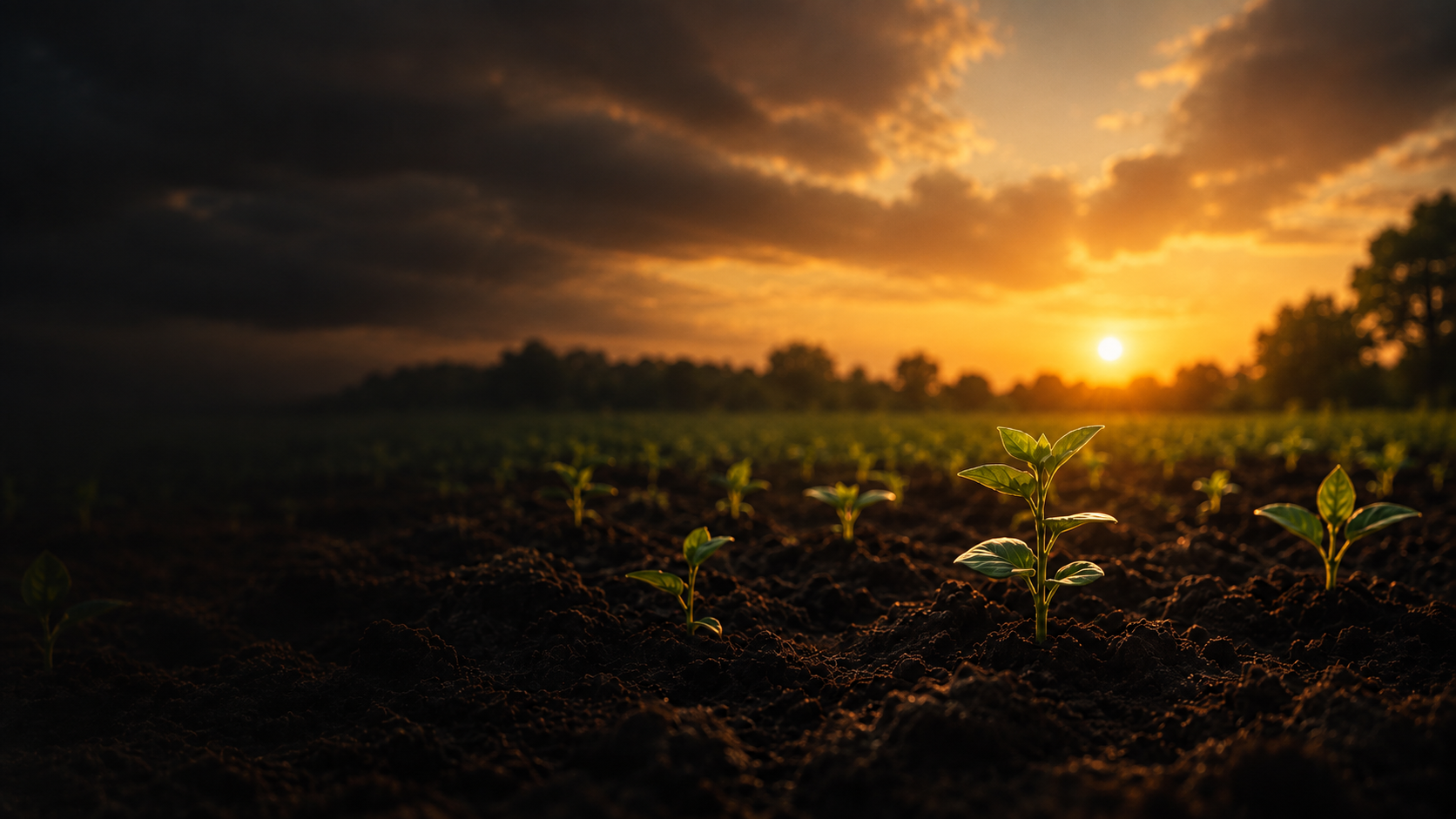 Brotes creciendo en un campo al atardecer