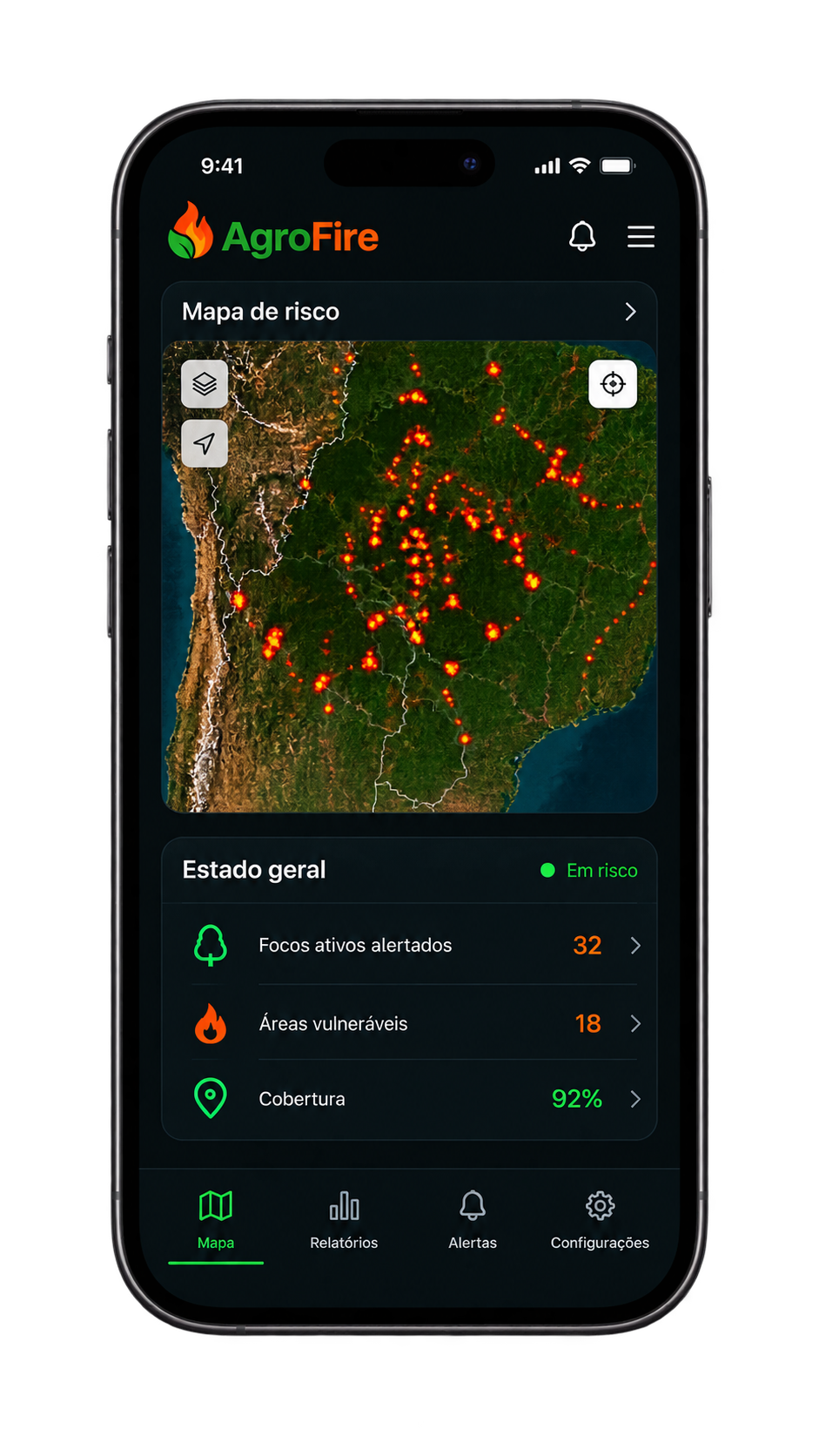 Mapa de riesgo de AgroFire, con focos activos y estado general del campo