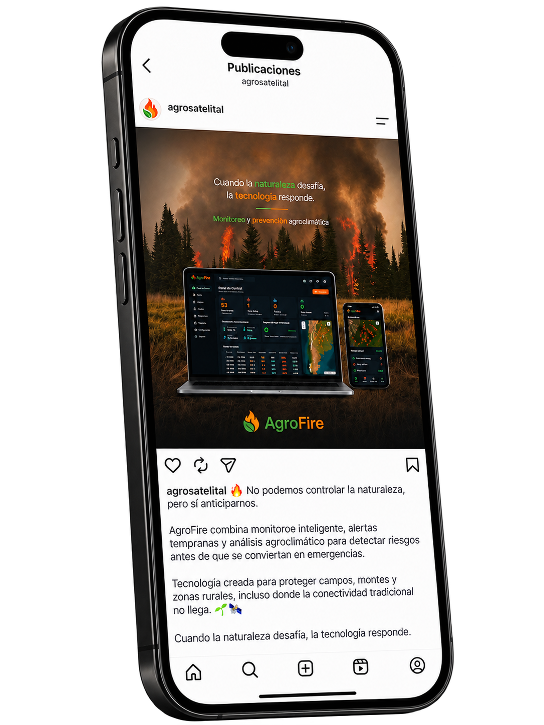Publicación de Instagram de AgroFire mostrando el panel de control en notebook y celular